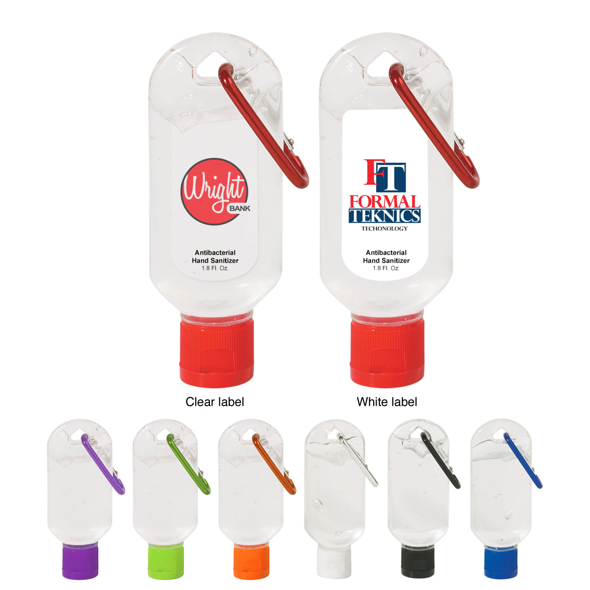 1.8 oz hand sanitizer bottle with carabiner attachment