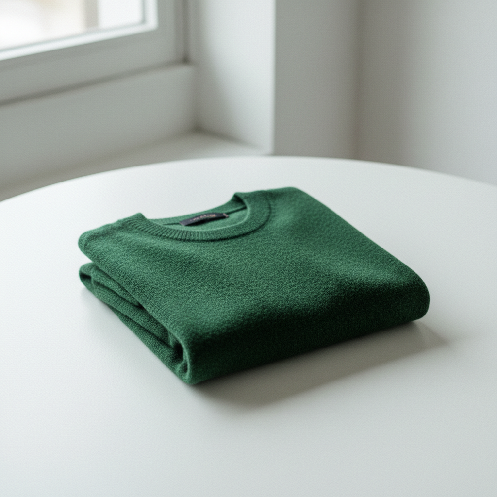Folded green Éclat Merino Crewneck Sweater on a table