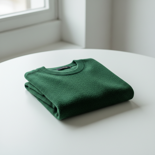 Folded green Éclat Merino Crewneck Sweater on a table