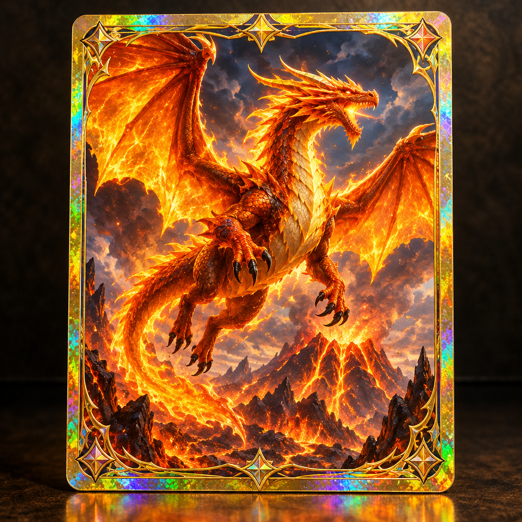 Cartoon orange fire dragon on a holographic collectible card