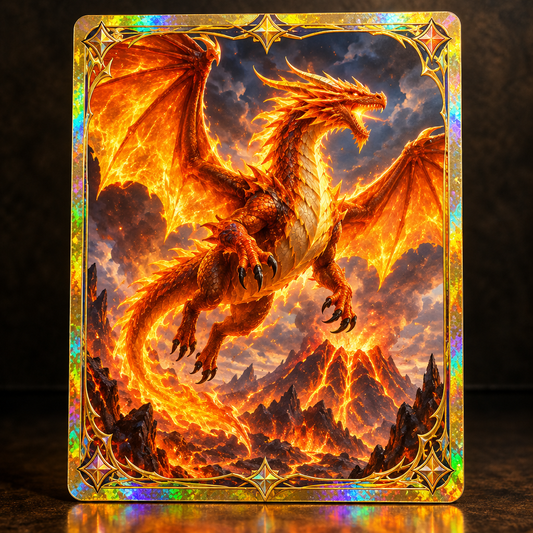 Cartoon orange fire dragon on a holographic collectible card